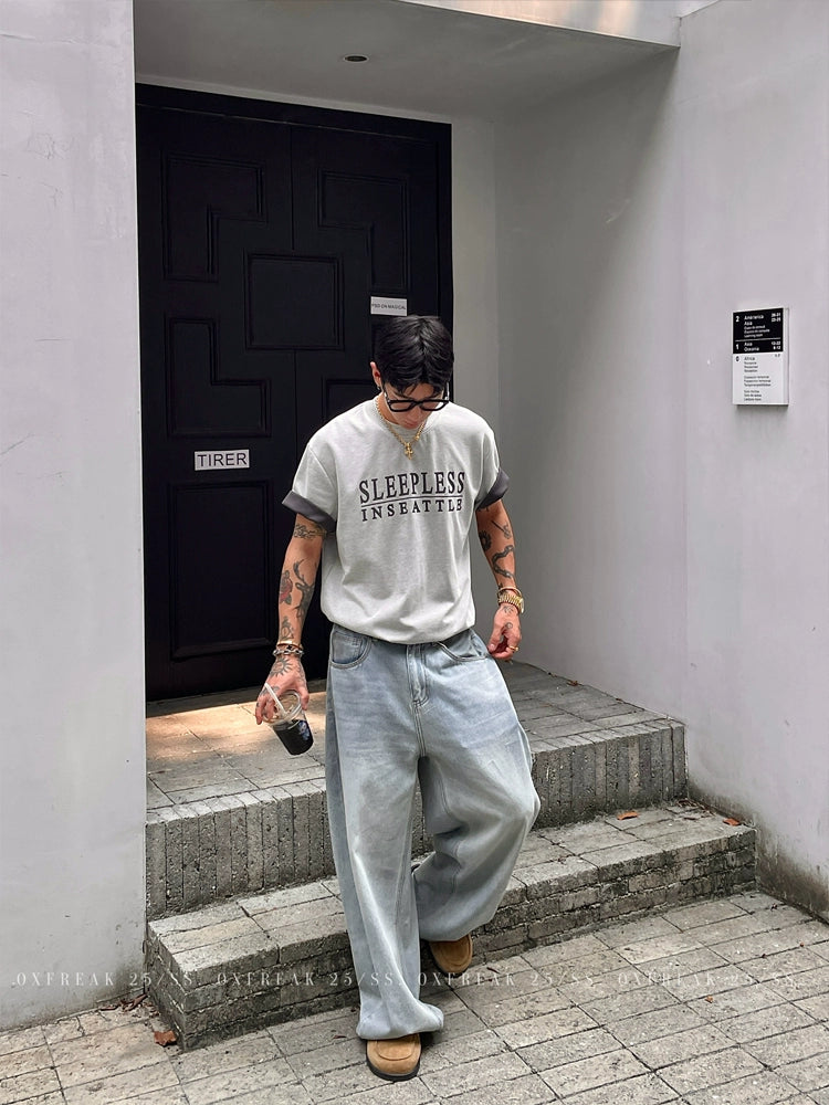 Cuffed Sleeve Letter Print Heavyweight T-Shirt