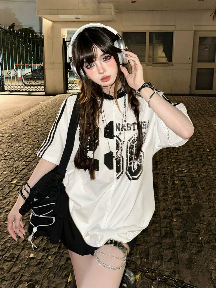 Loose Fit Striped Sports Graphic T-Shirt