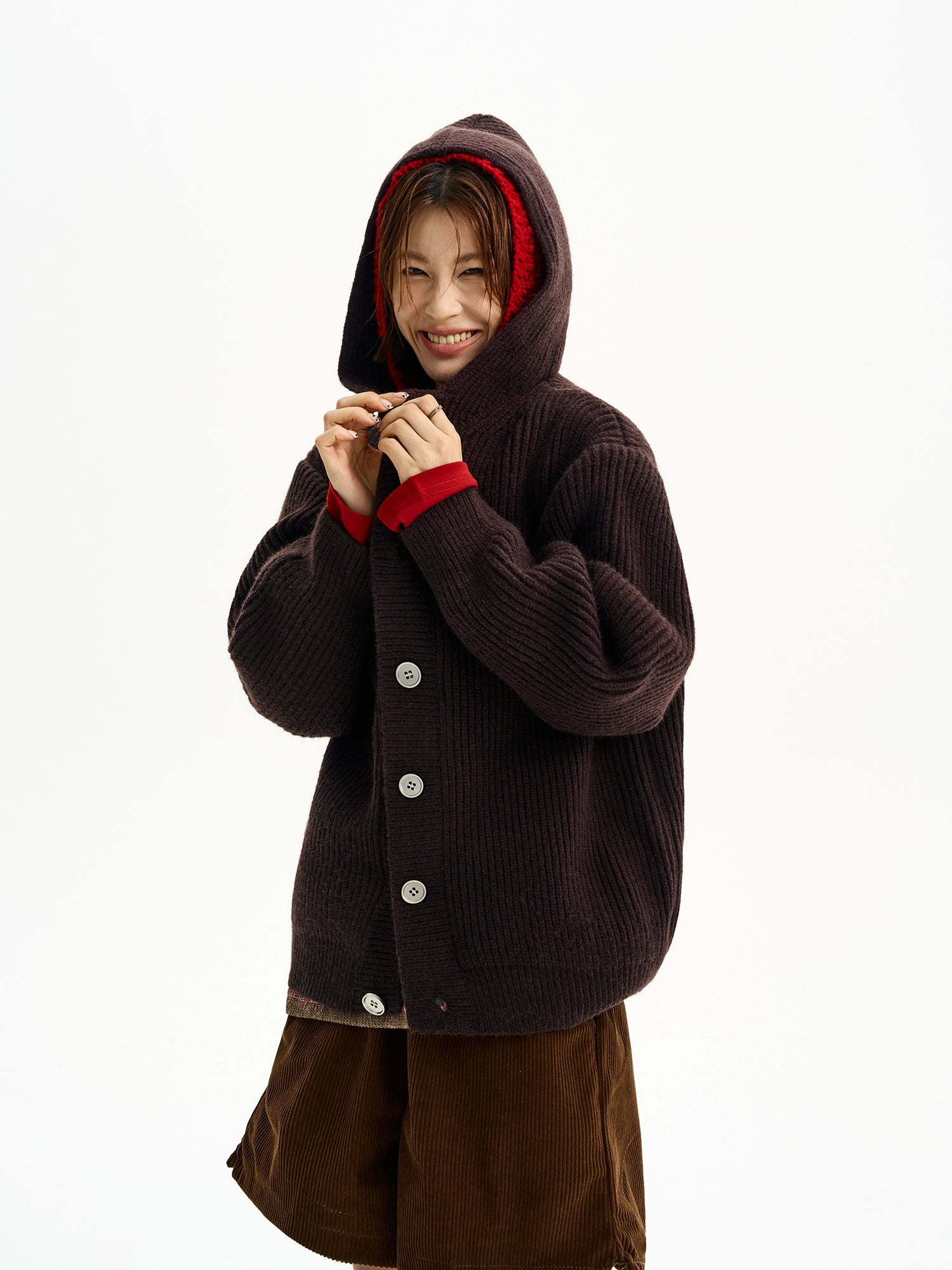 Cardigan in Maglia con Cappuccio e Bottoni 