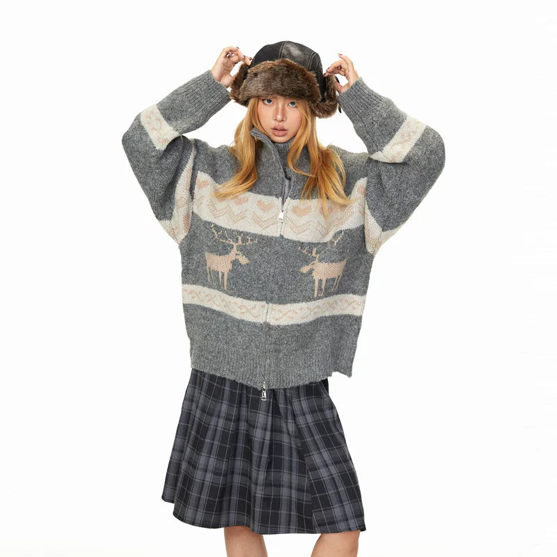 Reindeer Jacquard Stand Collar Knit Cardigan