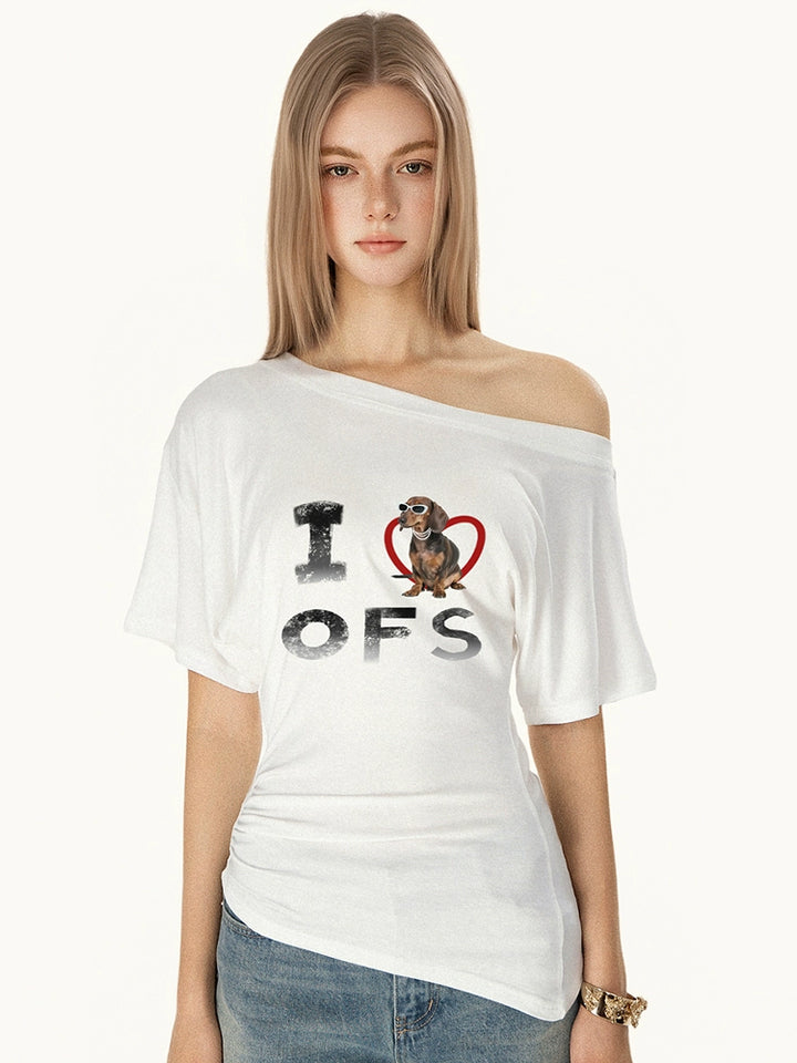 T-shirt imprimé de chien saucisse à épaule oblique 