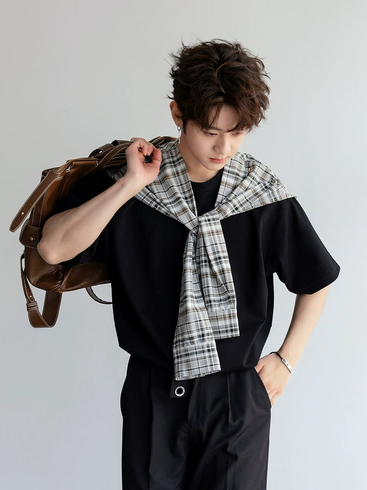 Plaid Shawl Detachable Short Sleeve T-shirt