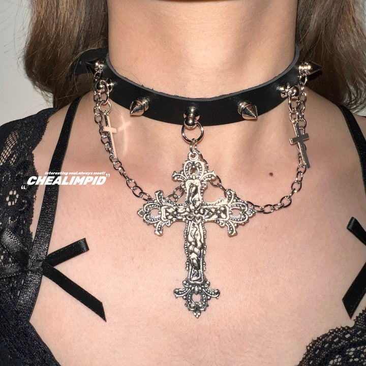 Punk Cross Rivet Chain Choker Necklace