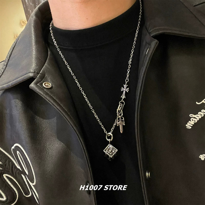 Sword Dice Pendant Chain Necklace