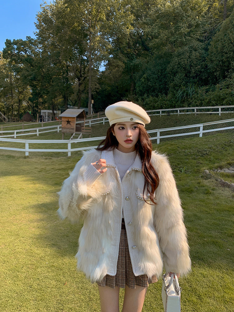 Faux Fur Short Coat with Pearls