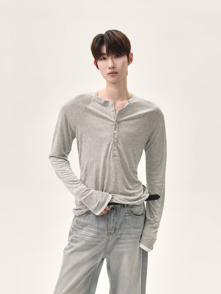 Slim Fit V-Neck Button Pullover