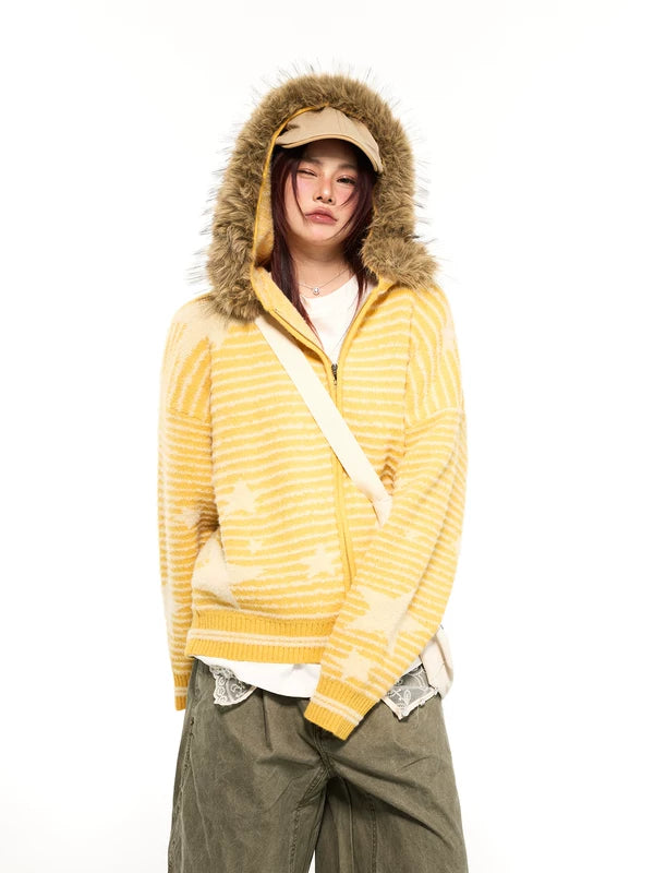 Giacca con zip e cappuccio a maglia a righe 