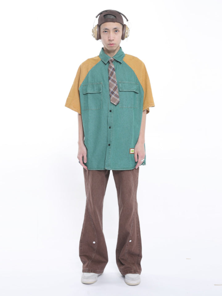Patchwork Waist Slim Flared Jeans