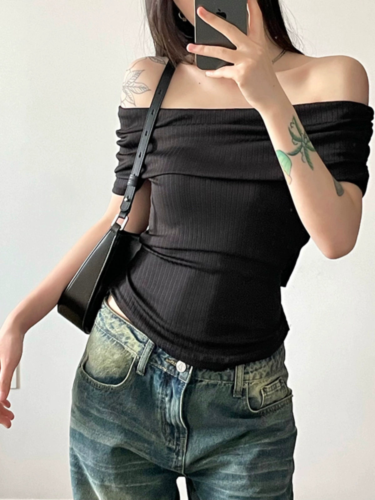 Slim Fit Off Shoulder Ribbed-knit Top