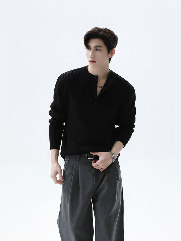 Ribbed Henley Collar Pullover