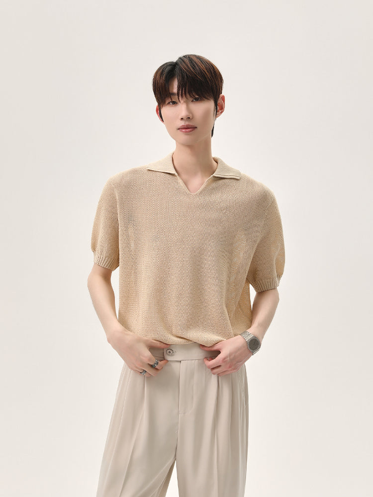 Knitted Lapel Short-Sleeve Pullover
