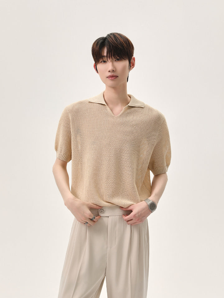 Knitted Lapel Short-Sleeve Pullover