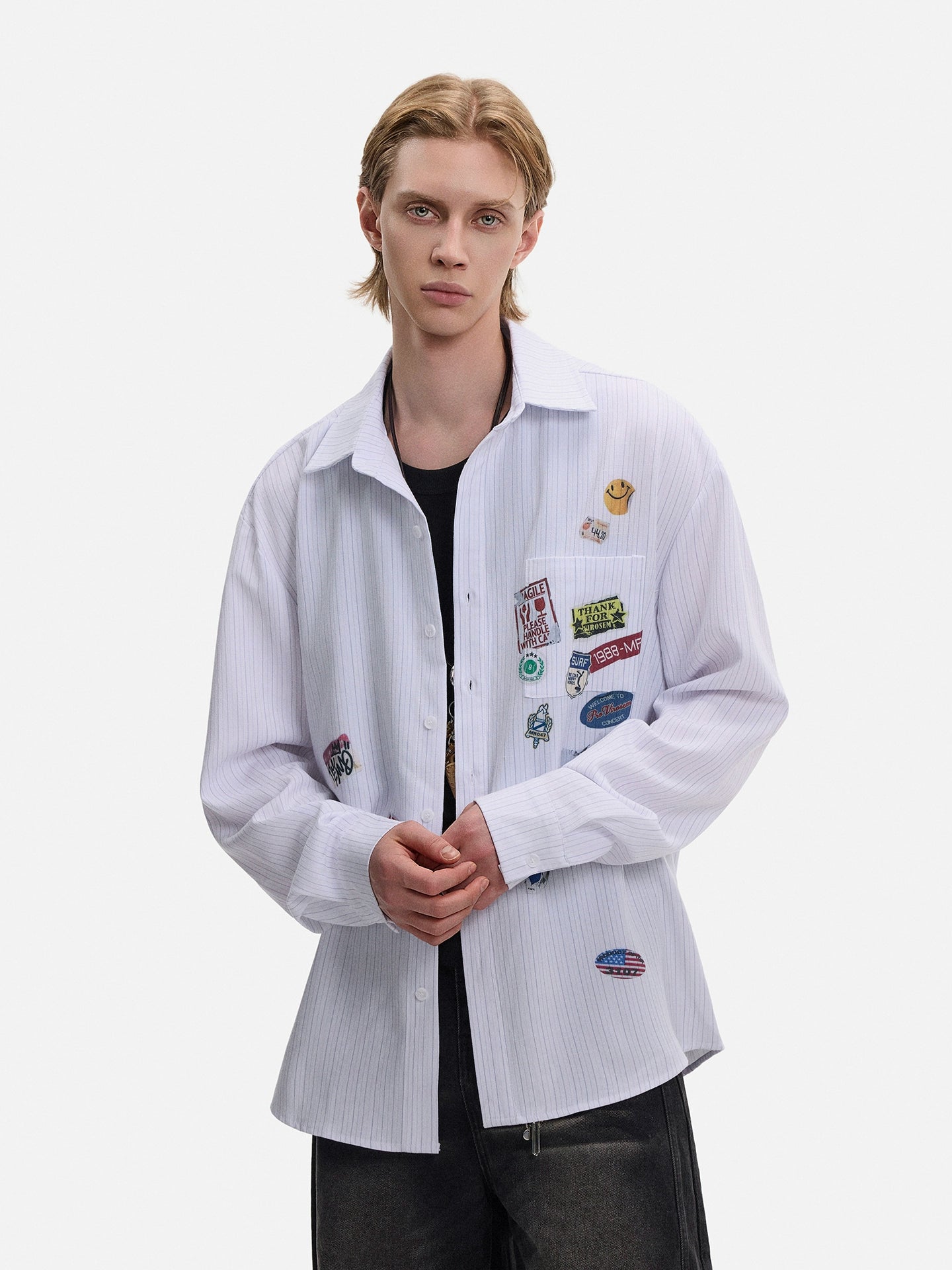 Striped Long-Sleeve Sticker Patch Shirt