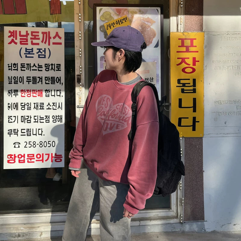 레트로 하트 프린트 크루 넥 스웨트셔츠 