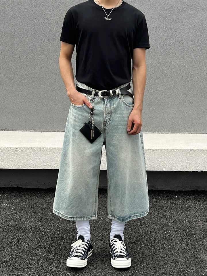 ウォッシュドワイドレッグクロップドデニムパンツ 