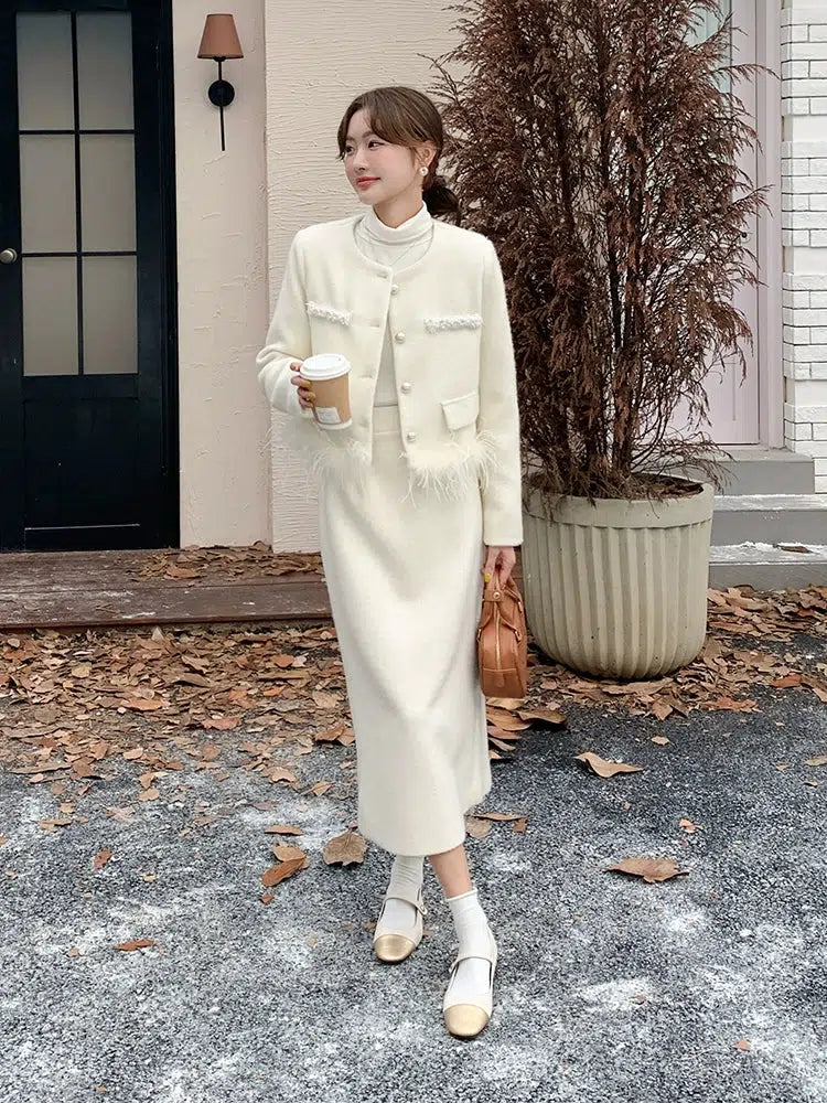 Winter Feather Accent Skirt Suit Set