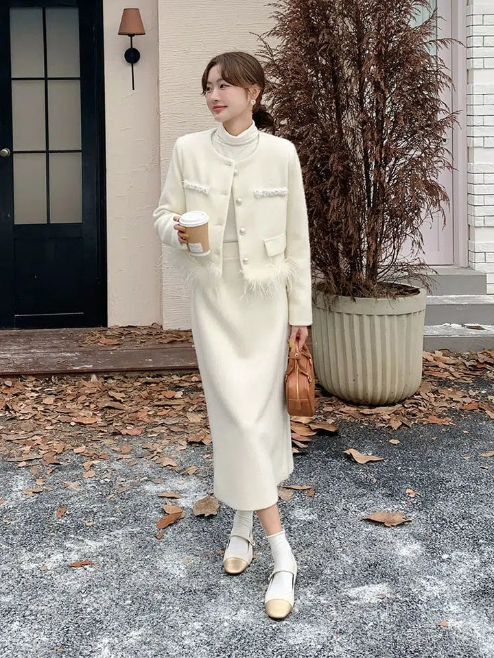 Winter Feather Accent Skirt Suit Set