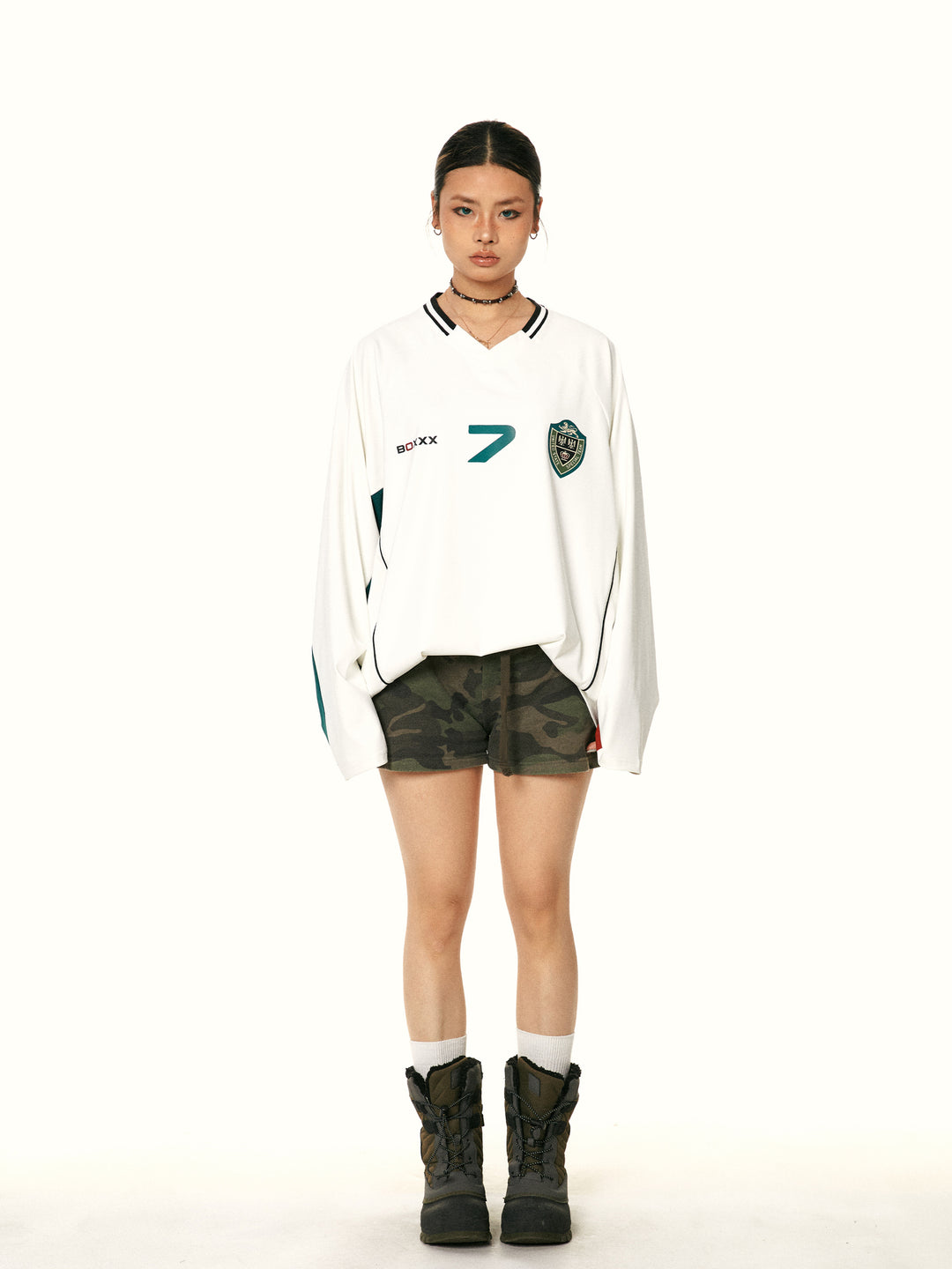 Retro V-Neck Long-Sleeve Jersey Top
