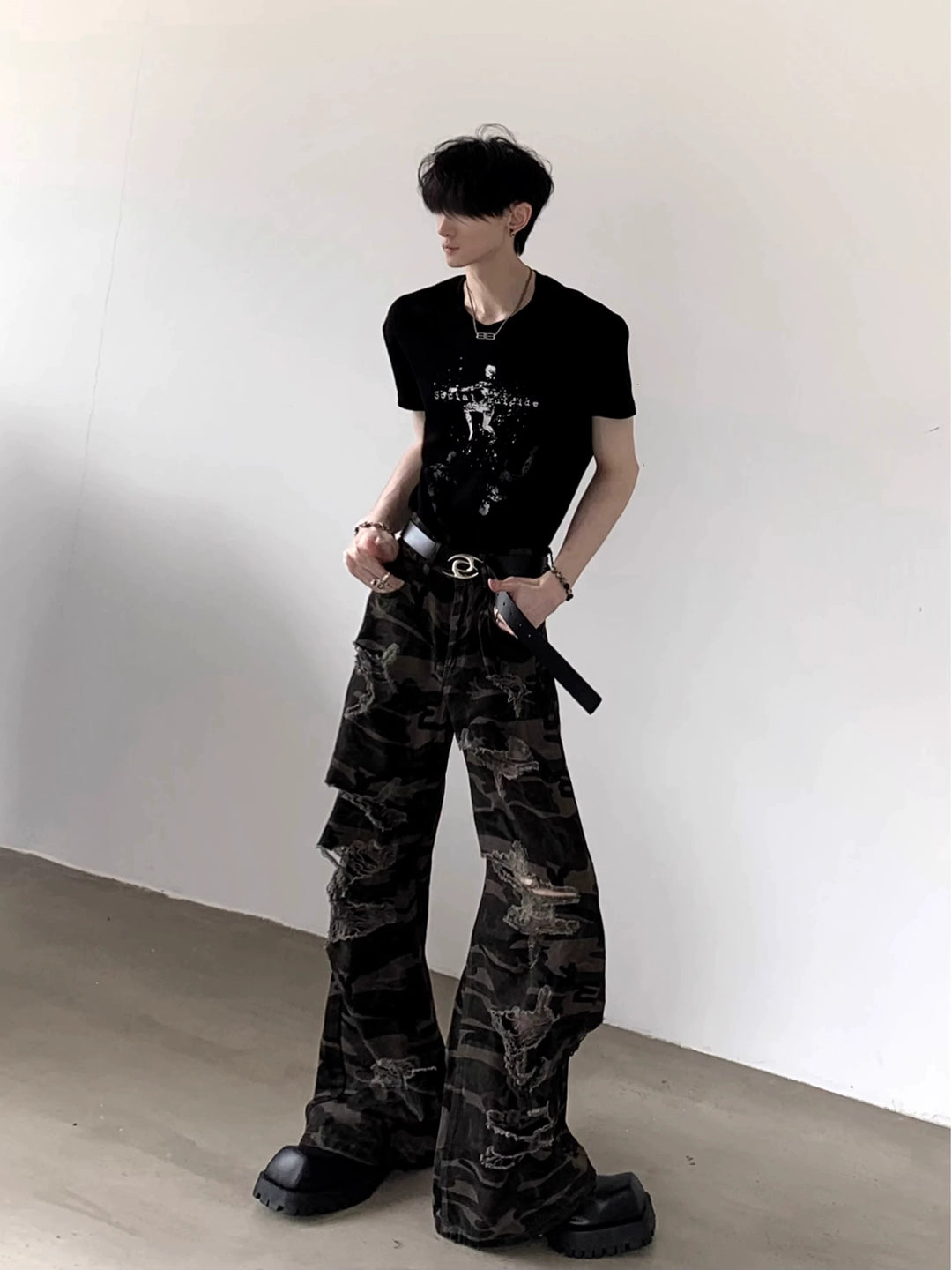 Ripped Camouflage Wide-Leg Jeans
