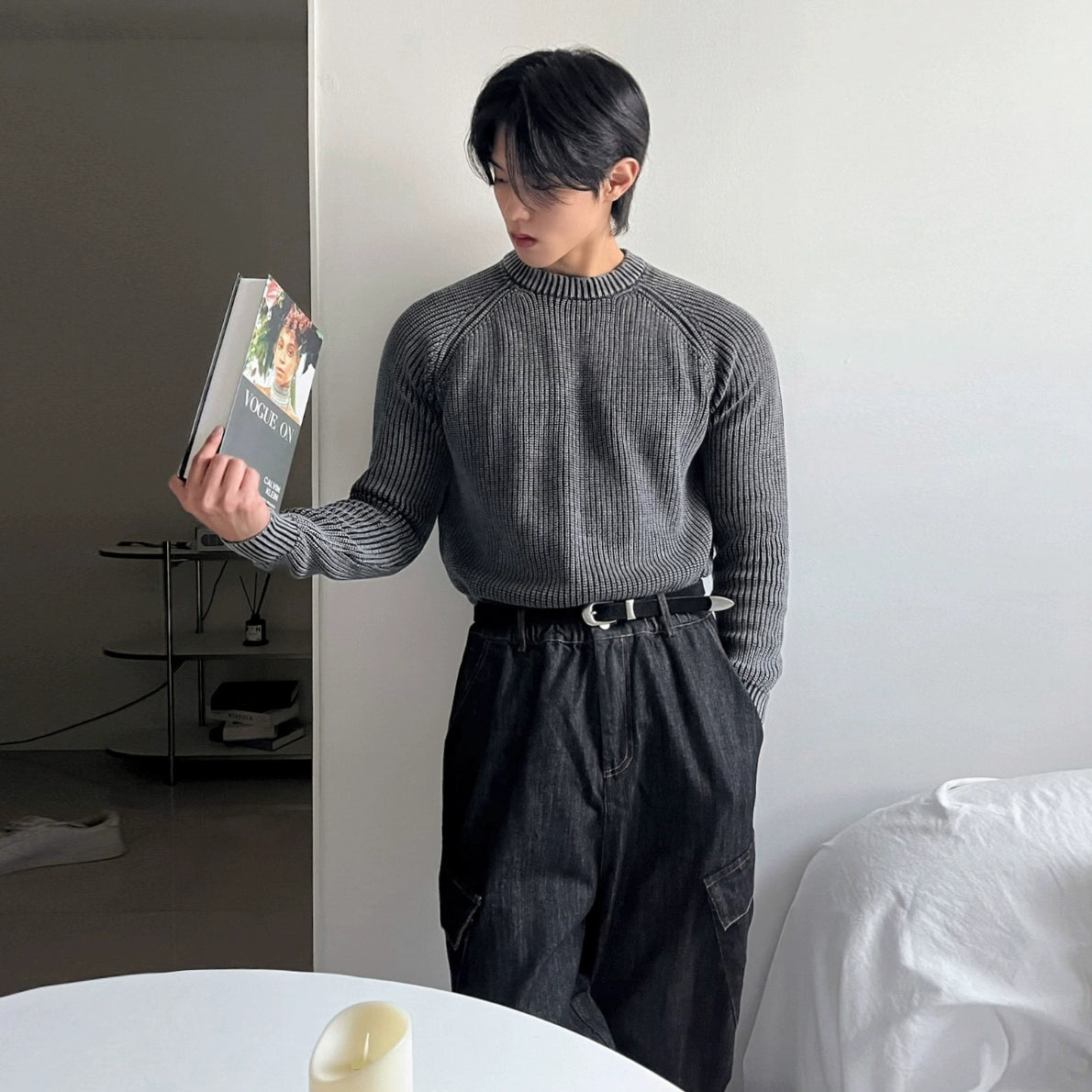 Textured Round Neck Loose Knit Sweater