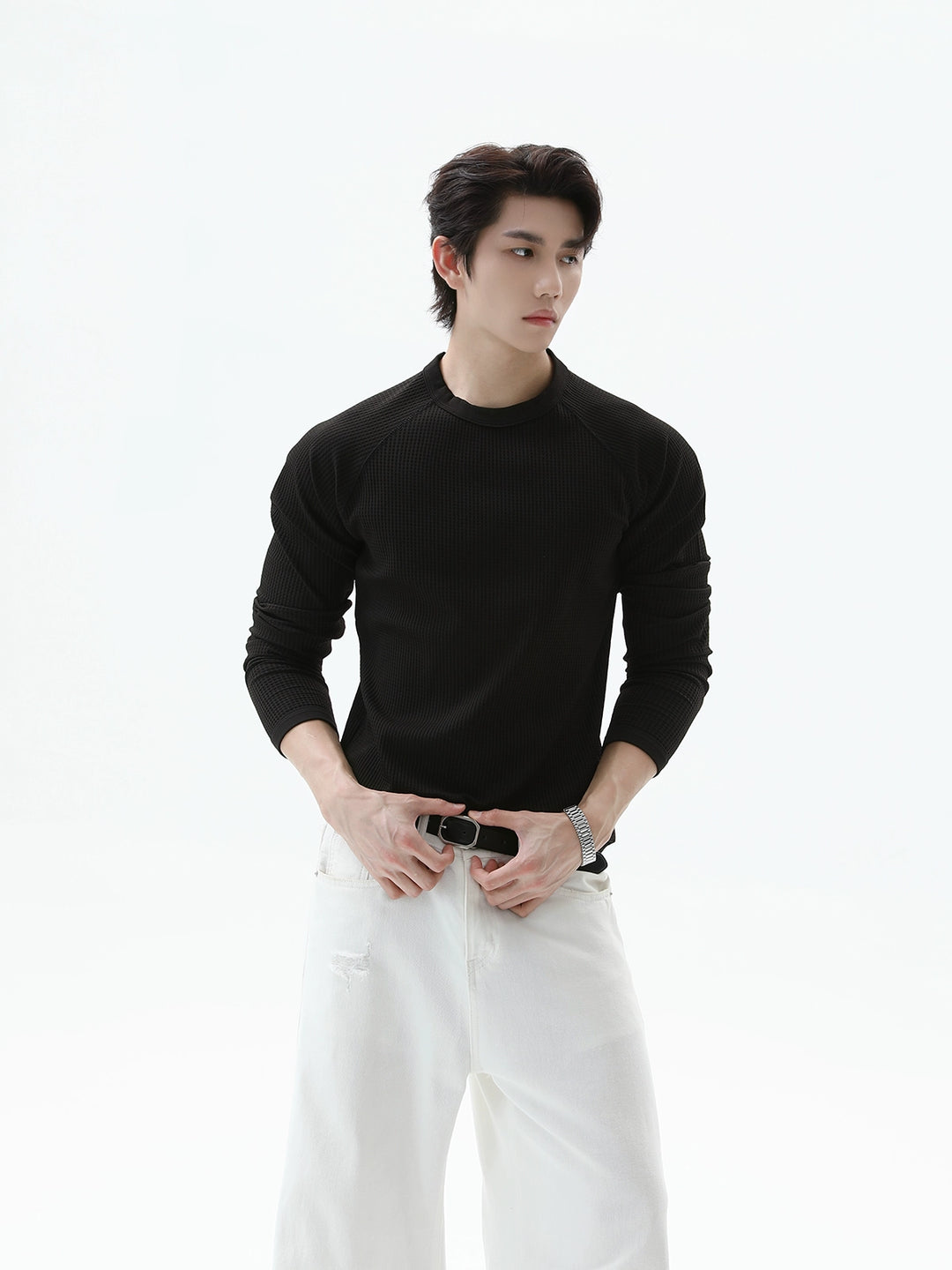 Waffle Knit Raglan Sleeve Pullover