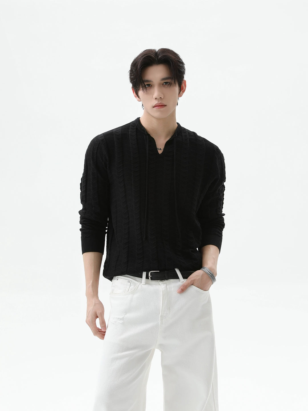 Solid Color Textured V-Neck Pullover
