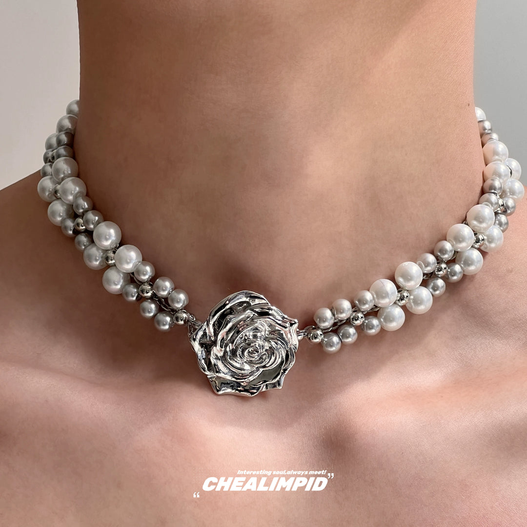 Stacked Pearl Rose Choker