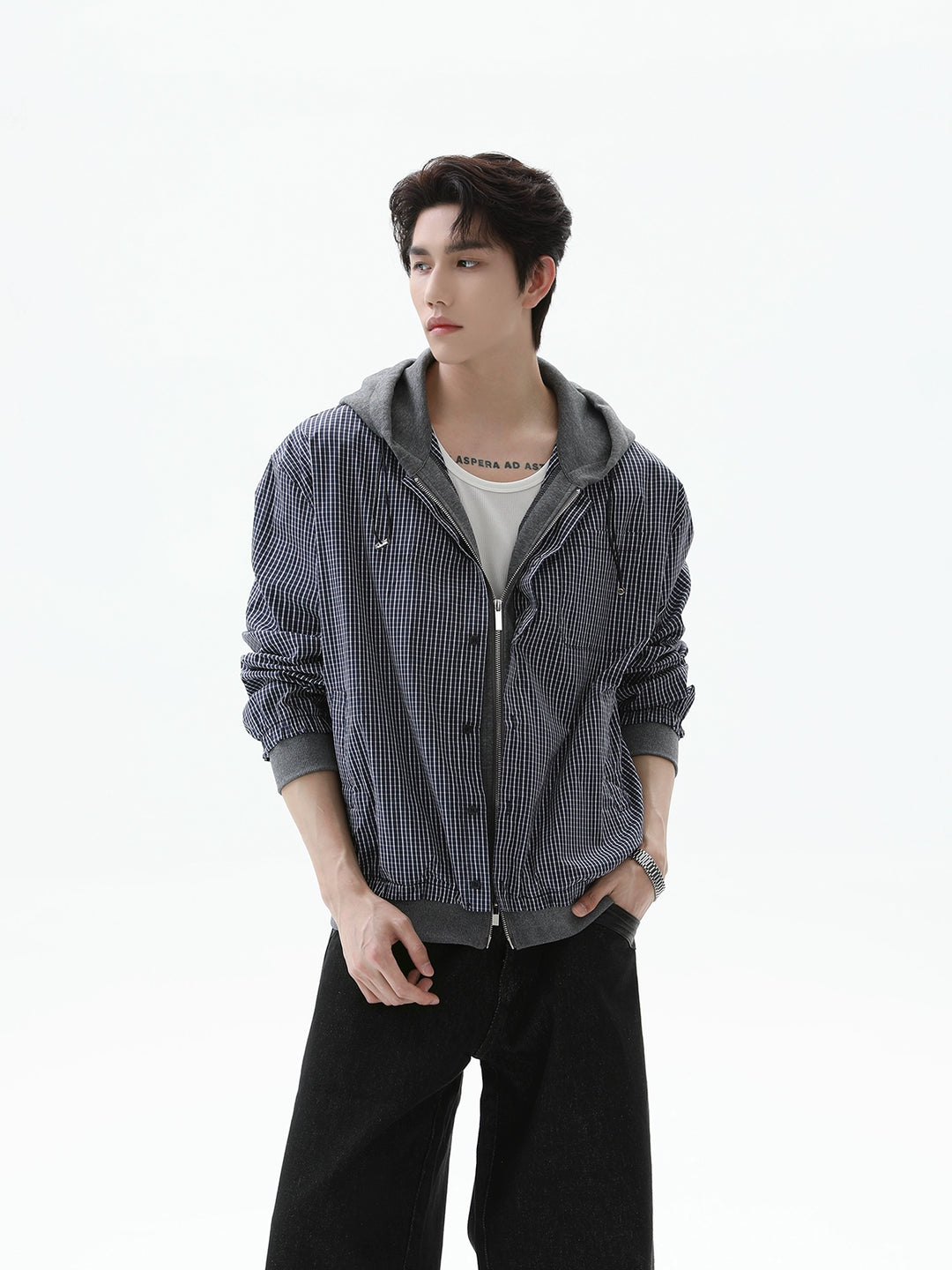 Plaid Zip Up Hooded Cardigan