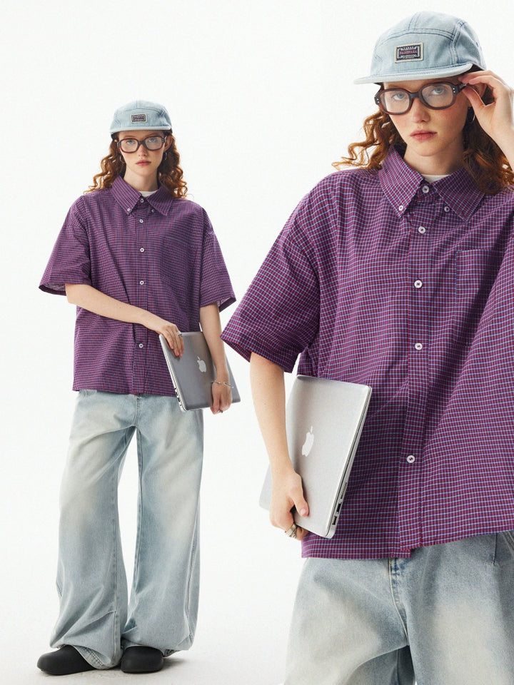 Camicia a maniche corte a quadri con bottoni 