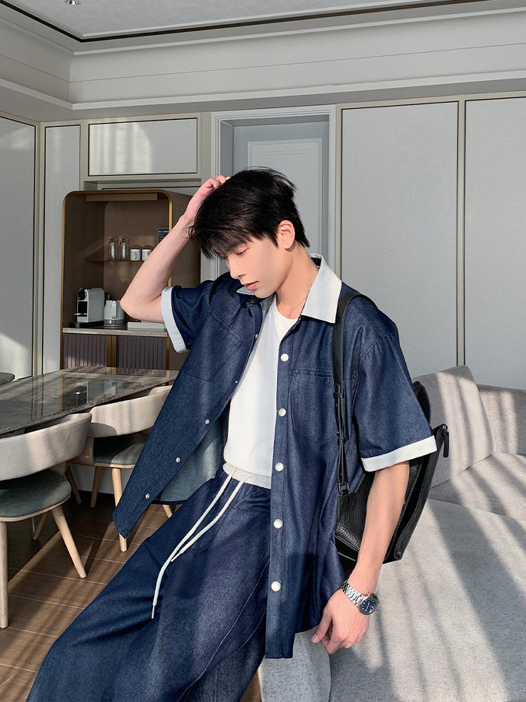 Denim Short-Sleeve Cotton Shirt Suit