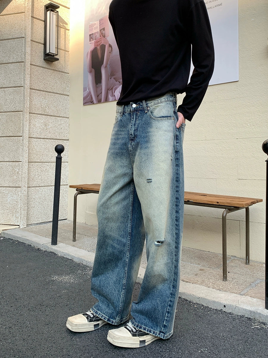 بنطلون جينز مستقيم فضفاض عتيق ممزق 