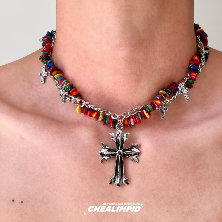 Cross Pendant Multi-Layer Beaded Necklace