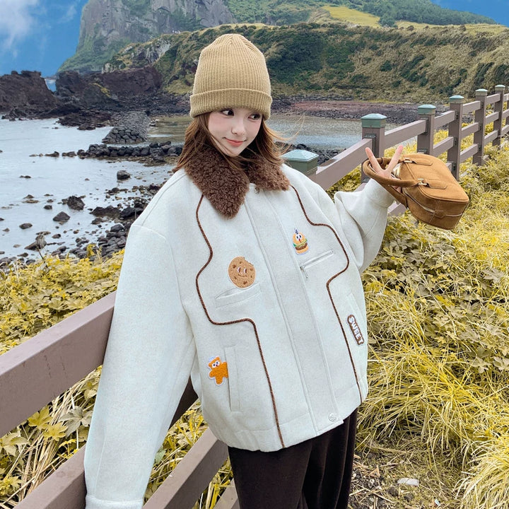 معطف صوف مبطن بياقة من الفرو الصناعي 