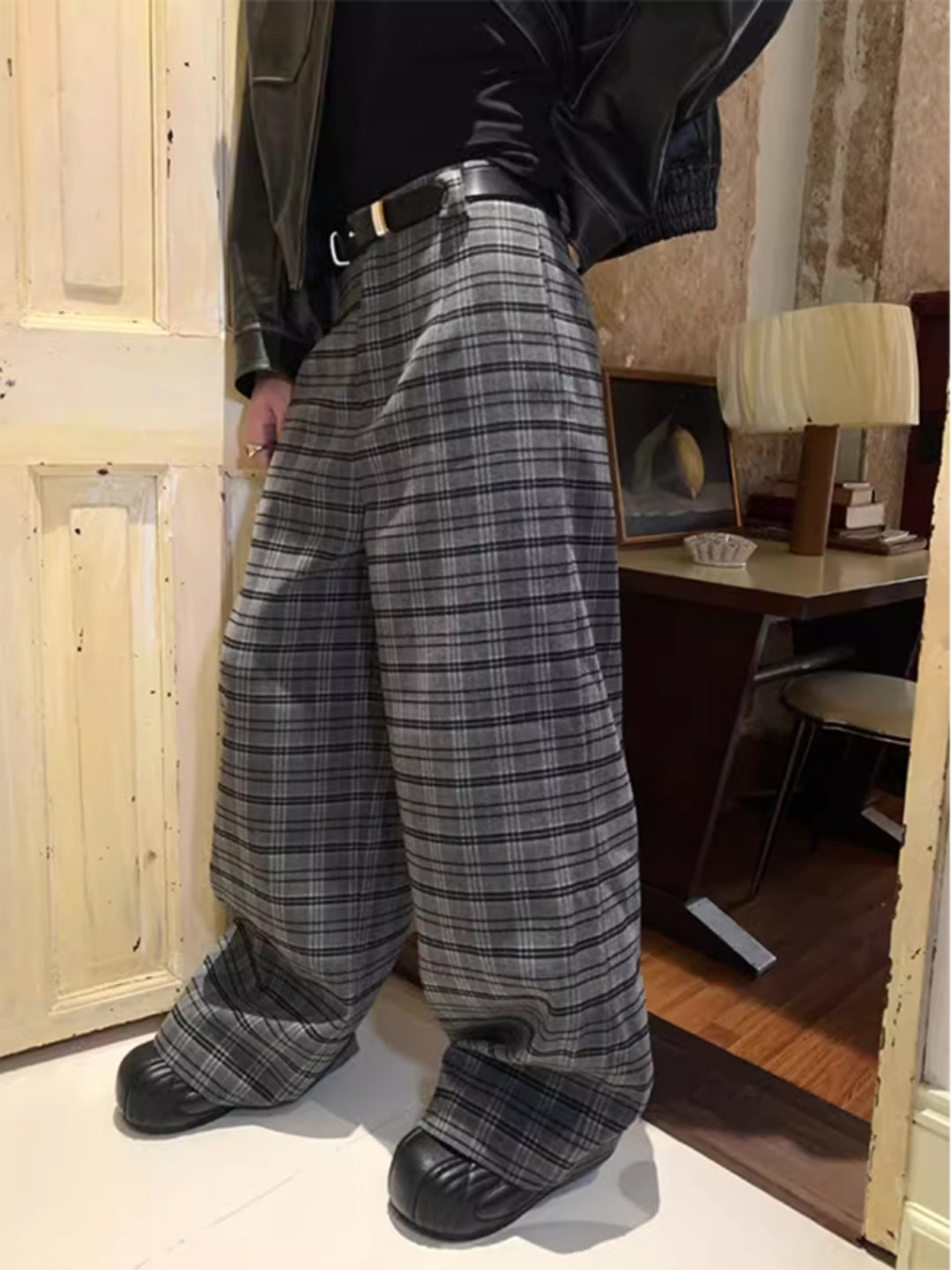 Wide-leg Checked Trousers