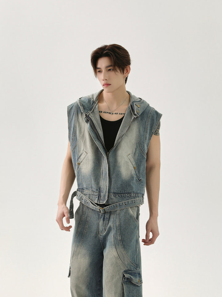 Denim Sleeveless Vest Suit