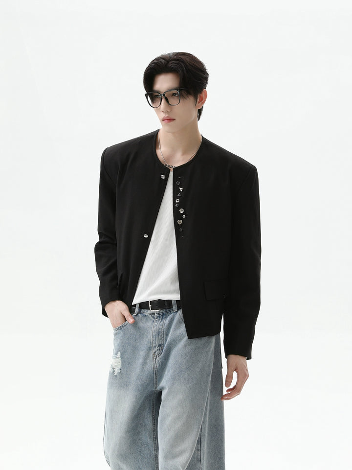 Veste de costume à boutons sans col rétro 