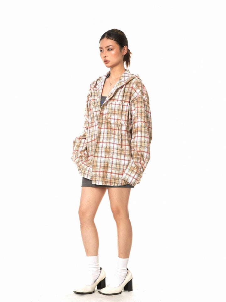 Loose Retro Hooded Plaid Shirt Jacket