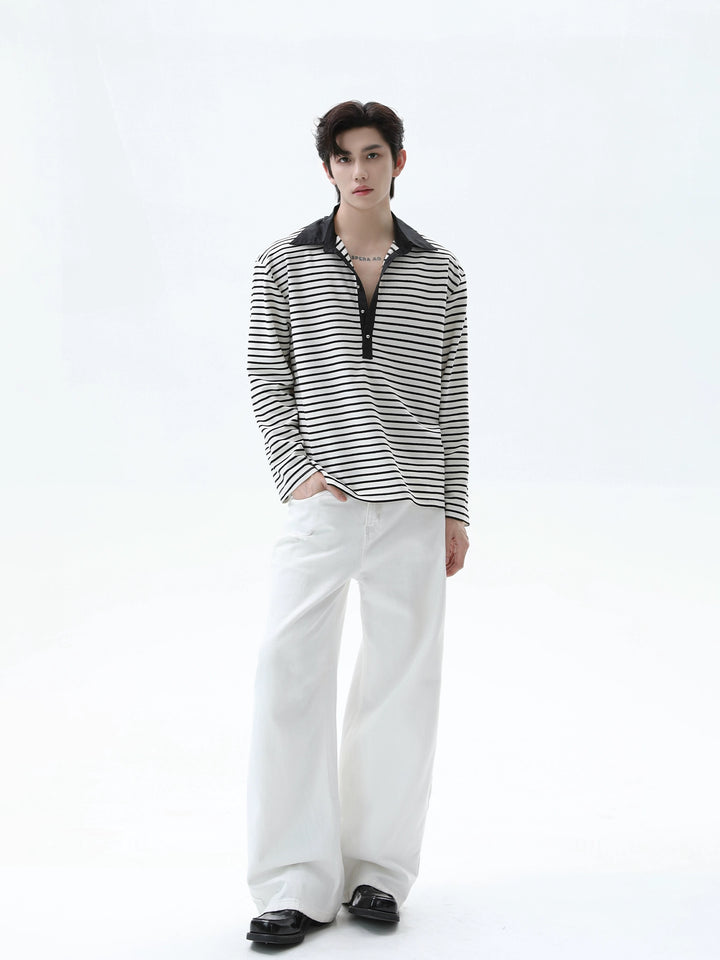 Striped Lapel Long Sleeve Pullover