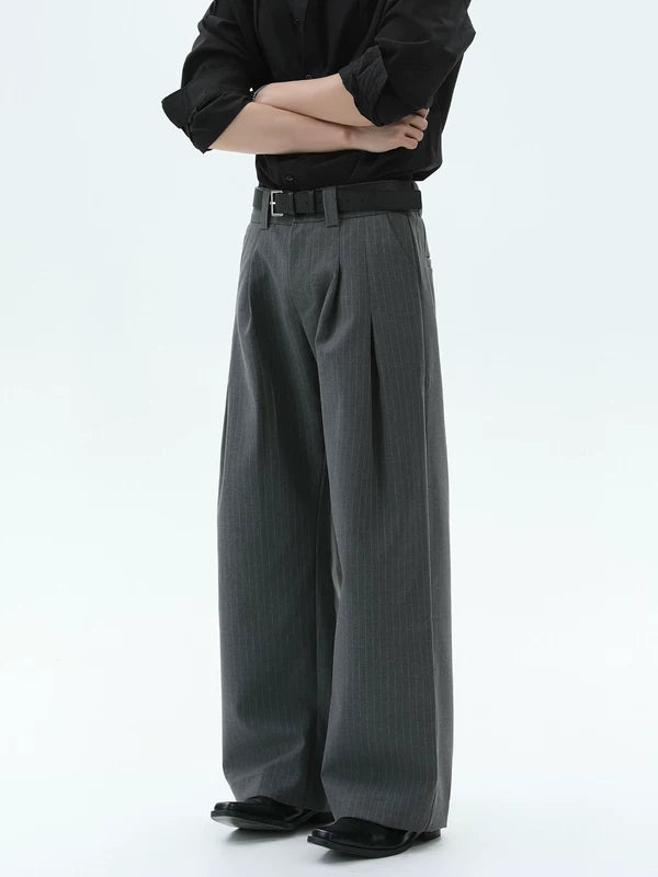 줄무늬 와이드 레그 플리츠 드레스 팬츠 