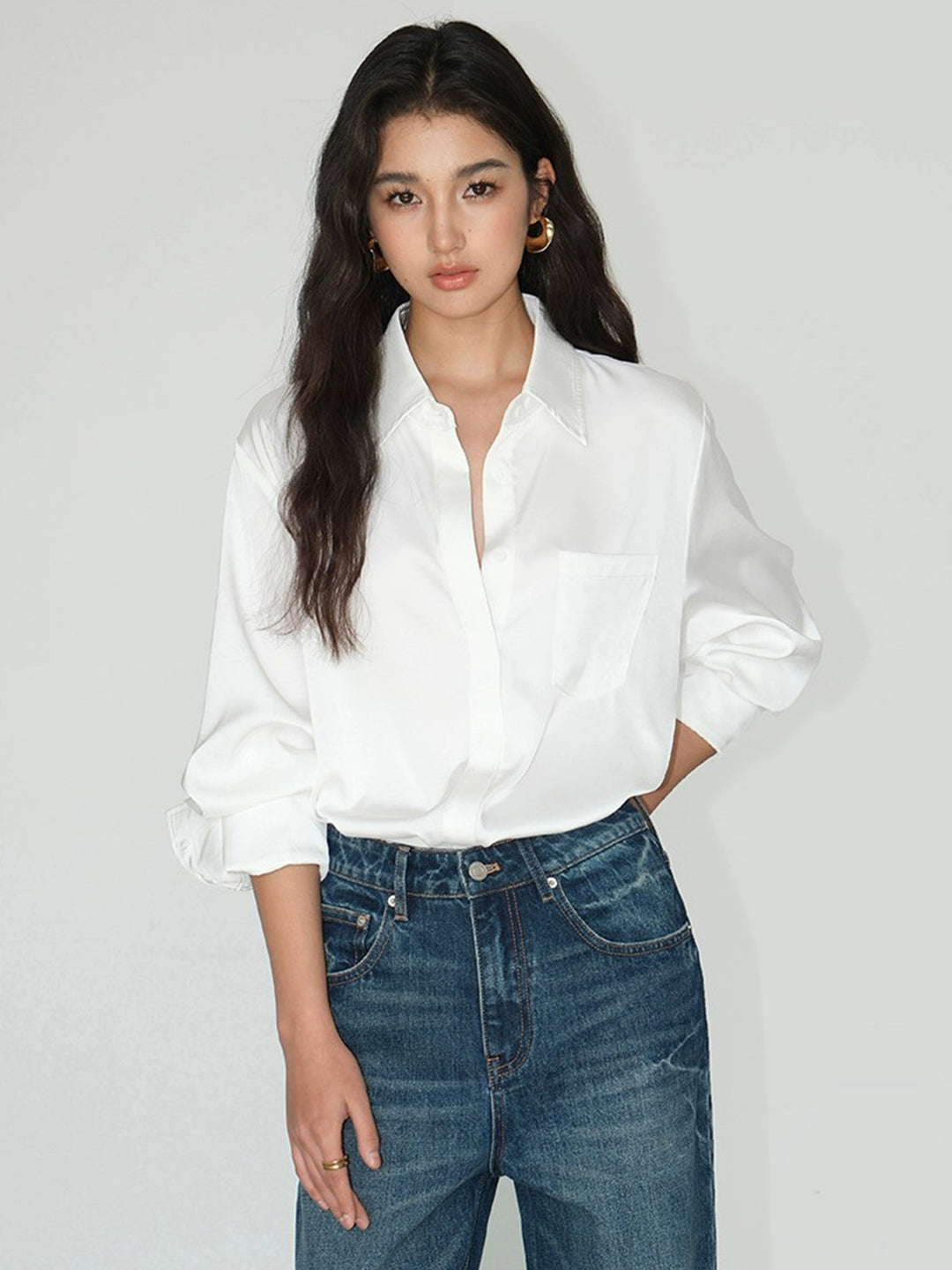 Satin Long Sleeve Loose Fit Shirt