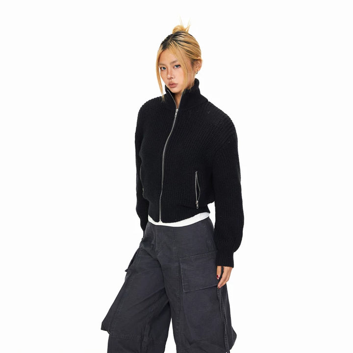 Glidelås Stå Krage Strikket Cardigan Genser 