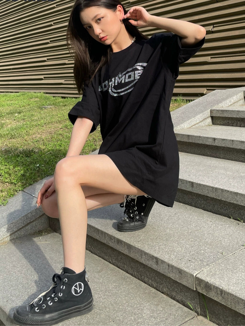 Diamant Grafik Lockere Baumwolle Kurzarm Pullover 