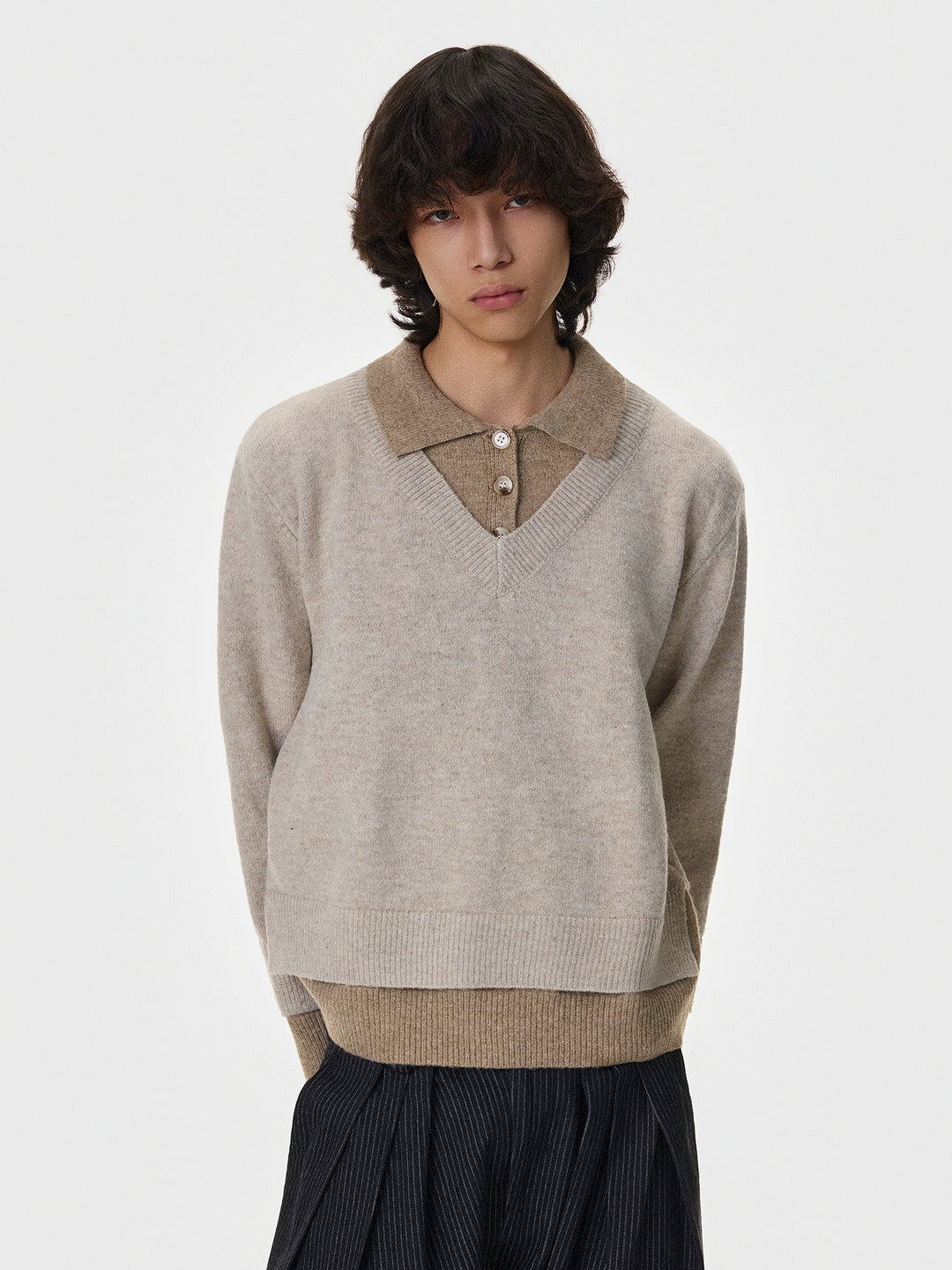 Layered Lapel Trim V-Neck Sweater