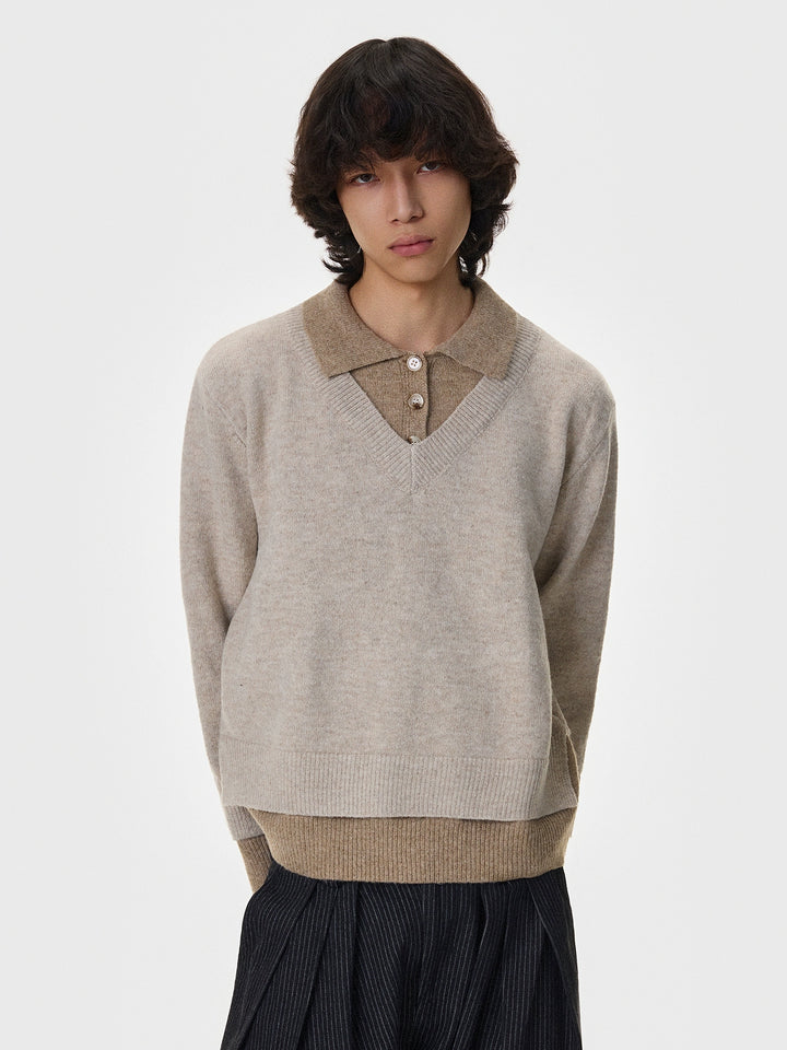 Layered Lapel Trim V-Neck Sweater