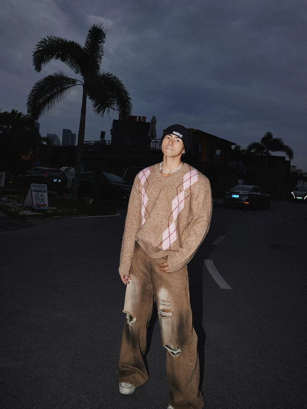 Pull en V en tricot polaire à motif losange 