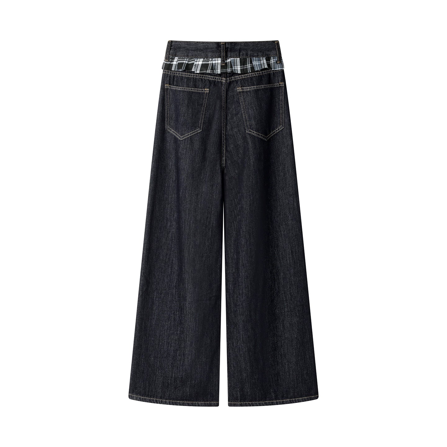 Calças Jeans de Dois Peças com Pernas Largas em Estampa Xadrez 