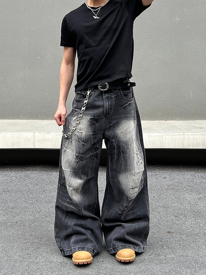 Wide-Leg Lightning Pattern Jeans