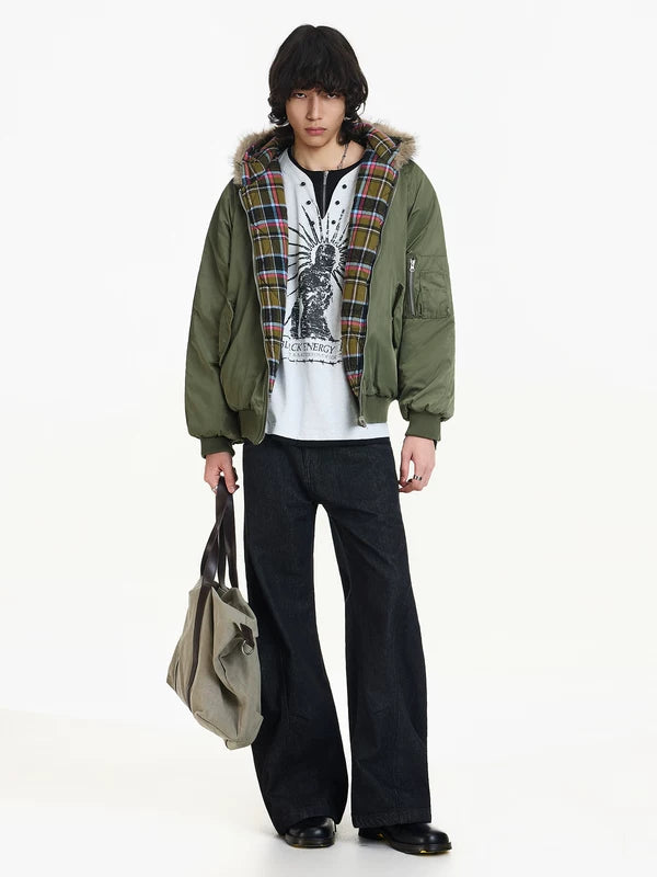Plaid Lined Fur Hood Puffer Bomber Jacket