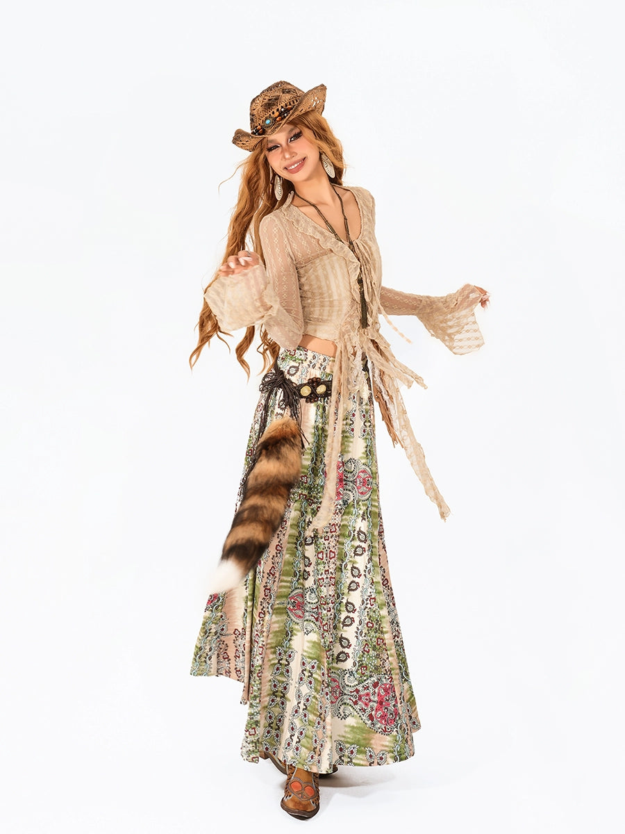 Cardigan Blouse à volants en dentelle rétro avec des franges 