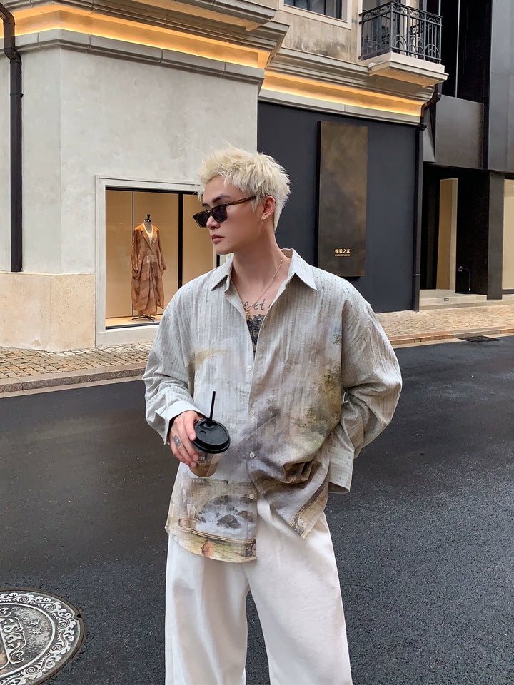 Retro blekket bomull-lin stoff casual skjorte 